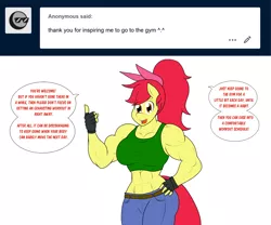 Size: 2048x1701 | Tagged: safe, artist:matchstickman, derpibooru import, apple bloom, anthro, earth pony, tumblr:where the apple blossoms, abs, apple bloom's bow, apple brawn, biceps, bow, breasts, busty apple bloom, clothes, comic, deltoids, dialogue, female, fingerless gloves, gloves, hair bow, hand on hip, image, jeans, looking at you, matchstickman's apple brawn series, midriff, muscles, older, older apple bloom, pants, pecs, png, simple background, solo, speech bubble, sports bra, talking to viewer, tumblr comic, white background