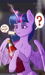 Size: 692x1154 | Tagged: safe, artist:silverstbrony, derpibooru import, twilight sparkle, twilight sparkle (alicorn), alicorn, pony, alcohol, blazer (drink), bottle, drink, female, glowing horn, horn, magic, mare, note, question mark, solo, telekinesis