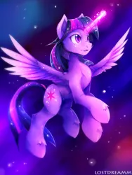 Size: 900x1200 | Tagged: safe, artist:lostdreamm, derpibooru import, twilight sparkle, twilight sparkle (alicorn), alicorn, pony, flying, open mouth, signature, solo, space