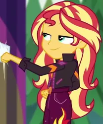 Size: 471x567 | Tagged: safe, derpibooru import, screencap, sunset shimmer, equestria girls, equestria girls series, sunset's backstage pass!, spoiler:eqg series (season 2), belt, buckle, clothes, cropped, female, fist bump, geode of empathy, jacket, leather jacket, lidded eyes, magical geodes, outdoors, pants, raised arm, shirt, sleeveless, sleeveless shirt, smiling