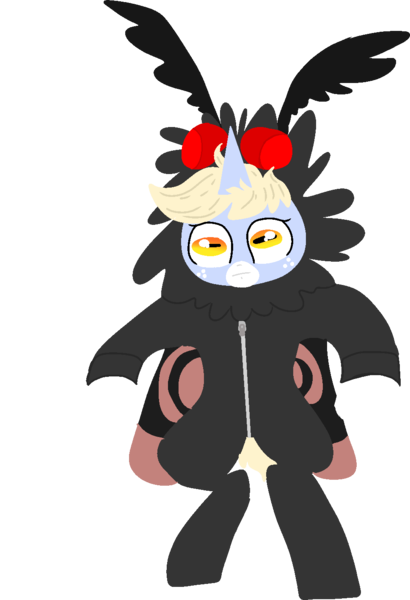 Size: 969x1417 | Tagged: safe, artist:nootaz, derpibooru import, oc, oc:nootaz, unofficial characters only, insect, moth, semi-anthro, unicorn, :|, bipedal, clothes, costume, faic, female, mare, mothman, nootvember, nootvember 2019, simple background, solo, transparent background, wingding eyes, zipper