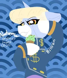 Size: 980x1140 | Tagged: safe, artist:nootaz, derpibooru import, oc, oc:nootaz, unofficial characters only, pony, unicorn, $, abstract background, alternate hairstyle, blue background, clothes, cosplay, costume, female, food, ice cream, jojo's bizarre adventure, mare, nootvember, nootvember 2019, okuyasu nijimura, simple background, solo
