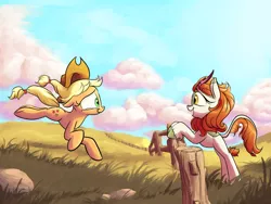 Size: 2400x1800 | Tagged: safe, artist:rocket-lawnchair, derpibooru import, applejack, autumn blaze, earth pony, kirin, pony, applejack's hat, awwtumn blaze, cloud, cowboy hat, crying, cute, duo, duo female, female, fence, field, hat, jackabetes, mare, quadrupedal, running, scenery, smiling, tears of joy