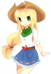 Size: 820x1189 | Tagged: safe, artist:sea, derpibooru import, applejack, human, equestria girls, applejack's hat, belt, clothes, cowboy hat, cute, denim skirt, female, hat, human coloration, humanized, jackabetes, miniskirt, moe, open mouth, pixiv, skirt, solo, stetson