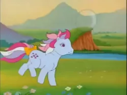 Size: 771x577 | Tagged: bow, bubble, cute, derpibooru import, g1, meadow, my little pony 'n friends, river, safe, screencap, sweet stuff, sweet sweet stuff, tail bow, the magic coins