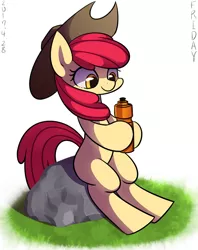 Size: 655x825 | Tagged: safe, artist:tangankittentail, derpibooru import, apple bloom, earth pony, pony, adorabloom, applejack's hat, blank flank, cowboy hat, cute, female, filly, hat, hoof hold, pixiv, rock, sitting, solo, stetson, water bottle