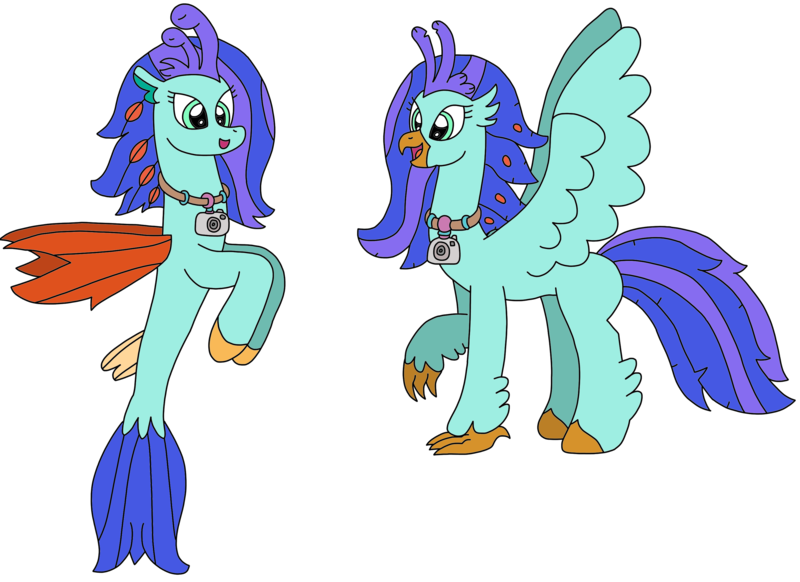 Size: 3096x2251 | Tagged: safe, artist:supahdonarudo, derpibooru import, oc, oc:sea lilly, unofficial characters only, classical hippogriff, hippogriff, seapony (g4), camera, hippogriff oc, jewelry, necklace, simple background, story included, transparent background