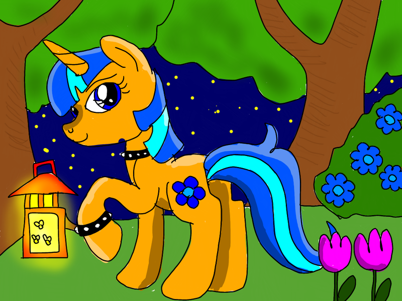 Size: 1024x768 | Tagged: artist needed, safe, artist:wolfspiritclan, derpibooru import, oc, oc:velvet azalea, unofficial characters only, firefly (insect), insect, pony, unicorn, flower, garden, lantern, night, original character do not steal, recolor, solo, stars, tree