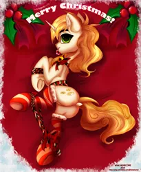 Size: 3279x4000 | Tagged: source needed, useless source url, suggestive, artist:homecome, derpibooru import, edit, sweet biscuit, pony, unicorn, bell, bondage, bow, butt, candy, candy cane, christmas, clothes, dock, food, frog (hoof), holiday, holly, hoofbutt, looking at you, mouth hold, plot, sexy, socks, striped socks, text, text edit, underhoof