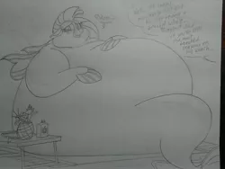 Size: 2592x1944 | Tagged: artist:princebluemoon3, blushing, derpibooru import, dialogue, fat, female, implied ocean flow, lineart, lip bite, monochrome, morbidly obese, obese, offscreen character, pencil drawing, seapony (g4), silverblob, silverstream, solo, suggestive, traditional art