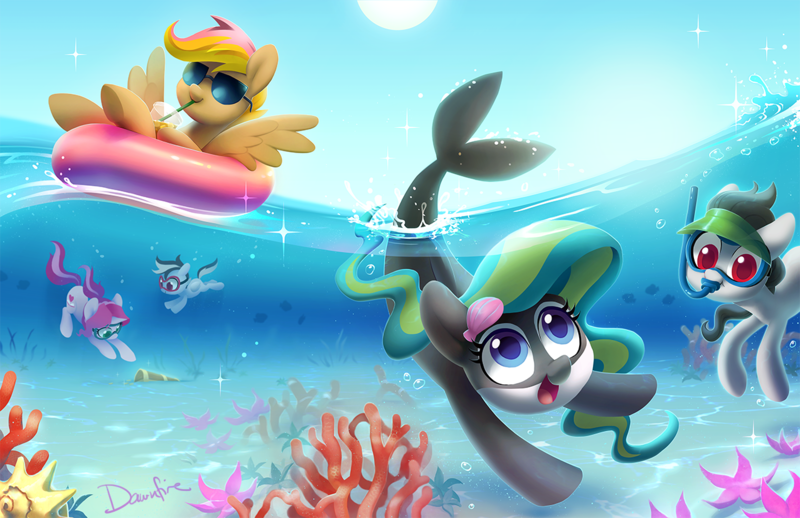 Size: 1275x825 | Tagged: safe, artist:dawnfire, derpibooru import, oc, oc:front page, oc:marina (efnw), oc:mocha sunrise, oc:novella, oc:sharp focus, earth pony, pegasus, pony, unicorn, everfree northwest, group, inner tube, snorkel, snorkeling, sunglasses, swimming, water