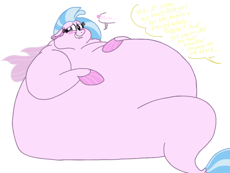 Size: 1024x768 | Tagged: suggestive, artist:jamesawilliams1996, artist:princebluemoon3, color edit, derpibooru import, edit, silverstream, seapony (g4), belly, big belly, blushing, colored, dialogue, fat, female, huge belly, implied ocean flow, lip bite, morbidly obese, obese, offscreen character, silverblob, simple background, solo, solo female, story included, transparent background