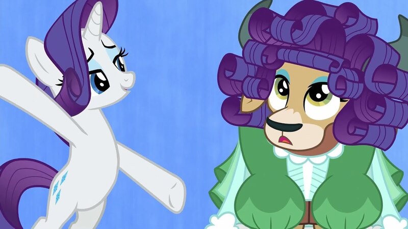 Size: 1280x720 | Tagged: safe, derpibooru import, screencap, rarity, yona, pony, unicorn, yak, she's all yak, bipedal, duo, female, fit right in, hairstyle, mare, misleading thumbnail, out of context, style