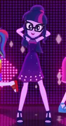 Size: 236x451 | Tagged: safe, derpibooru import, screencap, pinkie pie, rainbow dash, sci-twi, twilight sparkle, equestria girls, equestria girls series, i'm on a yacht, spoiler:eqg series (season 2), clothes, cute, dress, feet, glasses, legs, neon eg logo, sandals, sleeveless, twiabetes