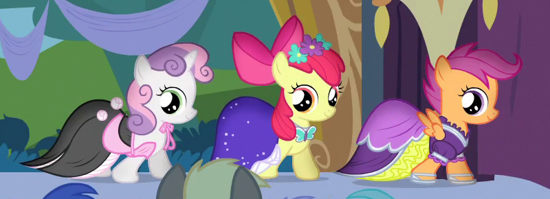 Size: 800x290 | Tagged: safe, derpibooru import, screencap, apple bloom, scootaloo, sweetie belle, earth pony, pegasus, pony, unicorn, simple ways, adorabloom, apple bloom's bow, bow, clothes, cropped, cute, cutealoo, cutie mark crusaders, diasweetes, dress, female, filly, hair bow