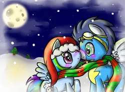 Size: 900x667 | Tagged: safe, artist:sweetscribblez, derpibooru import, rainbow dash, soarin', blushing, christmas, christmas tree, clothes, female, hat, holiday, male, romantic, santa hat, scarf, shipping, snow, soarindash, straight, tree, uniform, wonderbolts uniform