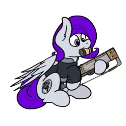 Size: 3000x3000 | Tagged: safe, artist:aaathebap, derpibooru import, oc, oc:morning glory (project horizons), pegasus, pony, fallout equestria, fallout equestria: project horizons, fanfic, brand, cute, dashite, dashite brand, fallout, fanfic art, female, hoof hold, hooves, laser, laser rifle, mare, mouth hold, png, simple background, sitting, solo, transparent background, wings