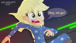 Size: 8000x4500 | Tagged: safe, artist:metalhead97, derpibooru import, applejack, alien, comic:applejack gets anal probed, equestria girls, applejack's hat, breasts, clothes, cowboy hat, dark, footed sleeper, freckles, hat, nervous, pajamas, scared, show accurate, spaceship, speech bubble