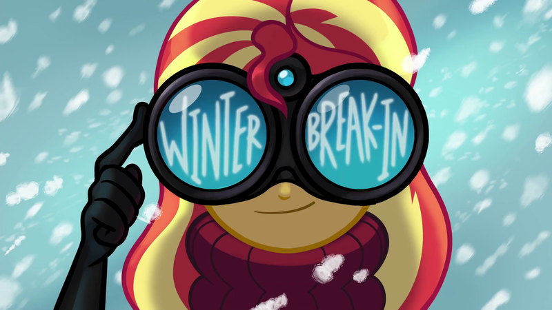 Size: 1920x1080 | Tagged: safe, derpibooru import, screencap, sunset shimmer, equestria girls, equestria girls series, holidays unwrapped, spoiler:eqg series (season 2), goggles, looking at you, snow, title card, winter break-in