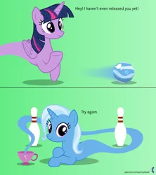 Size: 4096x4608 | Tagged: safe, artist:parclytaxel, derpibooru import, trixie, twilight sparkle, twilight sparkle (alicorn), alicorn, genie, genie pony, pony, unicorn, ain't never had friends like us, .svg available, absurd resolution, ask, ball, bowling, bowling ball, bowling pin, comic, crossed hooves, cup, female, gradient background, inanimate tf, looking at you, mare, morph ball, prone, smiling, spin dash, taunting, teacup, that pony sure does love teacups, transformation, trixieball, tumblr, vector