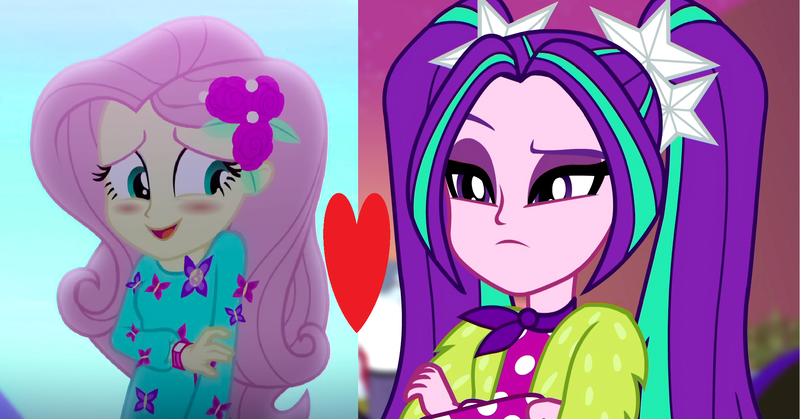 Size: 2062x1080 | Tagged: safe, derpibooru import, edit, edited screencap, screencap, aria blaze, fluttershy, equestria girls, equestria girls series, sunset's backstage pass!, the last drop: fluttershy, spoiler:choose your own ending (season 2), spoiler:eqg series (season 2), ariashy, female, flutterblaze, lesbian, shipping, shipping domino