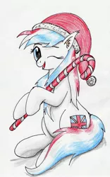 Size: 1898x3033 | Tagged: safe, artist:40kponyguy, derpibooru import, oc, oc:britannia (uk ponycon), earth pony, pony, candy, candy cane, christmas, cute, ear fluff, female, food, hat, holiday, hoof hold, looking at you, mare, one eye closed, simple background, solo, traditional art, uk ponycon, white background