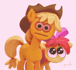 Size: 1536x1412 | Tagged: safe, artist:kaermter, derpibooru import, apple bloom, applejack, earth pony, pony, apple bloom's bow, applejack's hat, bow, cowboy hat, cursed emoji, emoji, female, hair bow, hat, looking at you, meme, nightmare fuel, powercry, siblings, simple background, sisters, stressed emoji, uncanny valley, vibe check