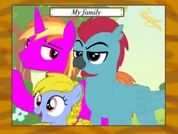 Size: 2048x1536 | Tagged: safe, artist:thunder burst, derpibooru import, oc, oc:iron wingheart, oc:quasar(wingman), oc:radiant sky(wingman), earth pony, gryphon, hybrid, pony, unicorn, adopted offspring, family, family photo, female, filly, gay, male, married couple, text