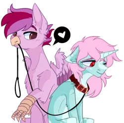 Size: 800x797 | Tagged: artist needed, safe, derpibooru import, oc, oc:cayde, oc:scoops, unofficial characters only, gryphon, pony, unicorn, beak, blaze (coat marking), blushing, claws, collar, female, freckles, heart, horn, leash, male, mare, markings, multicolored hair, simple background, smiling, transparent background, wings