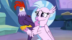 Size: 1920x1080 | Tagged: classical hippogriff, cockatrice, derpibooru import, duo, edith (cockatrice), female, hippogriff, jewelry, necklace, red eyes, safe, screencap, silverstream, student counsel, treehouse of harmony