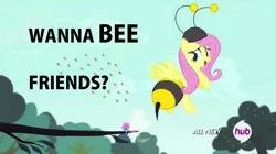 Size: 1272x712 | Tagged: safe, derpibooru import, edit, edited screencap, screencap, fluttershy, bee, insect, pony, it ain't easy being breezies, animal costume, bee costume, clothes, costume, cute, flutterbee, pun, shyabetes