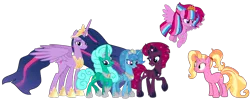 Size: 2194x890 | Tagged: safe, artist:徐詩珮, derpibooru import, fizzlepop berrytwist, glitter drops, luster dawn, princess twilight 2.0, spring rain, tempest shadow, twilight sparkle, twilight sparkle (alicorn), oc, oc:bubble sparkle, alicorn, pony, unicorn, series:sprglitemplight diary, series:springshadowdrops diary, the last problem, alicorn oc, alicornified, alternate universe, base used, crown, cute, family, female, flying, glitterbetes, glittercorn, glittershadow, horn, jewelry, lesbian, magical lesbian spawn, magical threesome spawn, mare, mother and child, mother and daughter, multiple parents, next generation, offspring, older, older glitter drops, older spring rain, older tempest shadow, older twilight, parent:glitter drops, parent:spring rain, parent:tempest shadow, parent:twilight sparkle, parents:glittershadow, parents:sprglitemplight, parents:springdrops, parents:springshadow, parents:springshadowdrops, polyamory, princess glitter drops, princess spring rain, princess tempest shadow, race swap, regalia, shipping, simple background, springbetes, springcorn, springdrops, springshadow, springshadowdrops, tempestbetes, tempesticorn, transparent background, wings