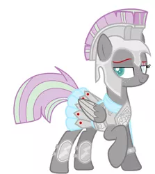 Size: 1168x1312 | Tagged: safe, artist:mist-the-loner, derpibooru import, oc, oc:feather blade (ice1517), unofficial characters only, pegasus, pony, armor, armor skirt, barehoof, blind eye, clothes, eye scar, female, freckles, helmet, knee pads, mare, raised hoof, scar, simple background, skirt, solo, white background
