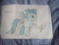Size: 1200x900 | Tagged: safe, artist:lucas_gaxiola, derpibooru import, soarin', pegasus, pony, grin, irl, lined paper, male, photo, smiling, solo, stallion, traditional art