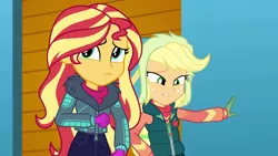 Size: 1920x1080 | Tagged: safe, derpibooru import, screencap, applejack, sunset shimmer, equestria girls, equestria girls series, holidays unwrapped, spoiler:eqg series (season 2), clothes, duo, duo female, female, gloves, jacket, self-storage facility, sweater, turtleneck, vest, winter break-in, winter jacket, winter outfit