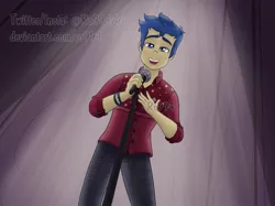 Size: 1918x1438 | Tagged: safe, artist:ro994, derpibooru import, flash sentry, cheer you on, equestria girls, equestria girls series, spoiler:eqg series (season 2), backstage, clothes, male, microphone, musical instrument, pants, shirt, singing, solo, stage, watermark