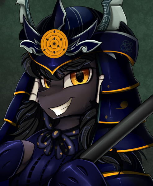 Size: 1446x1764 | Tagged: safe, artist:pridark, derpibooru import, oc, oc:midnight radiance (sixpathspony), pony, armor, bust, commission, kabuto, male, portrait, samurai, smiling, solo