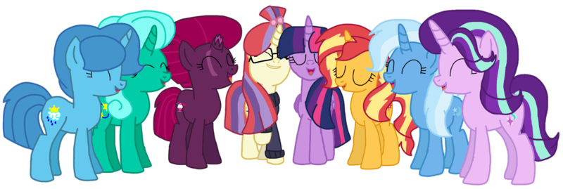 Size: 2340x787 | Tagged: safe, artist:徐詩珮, derpibooru import, fizzlepop berrytwist, glitter drops, moondancer, spring rain, starlight glimmer, sunset shimmer, tempest shadow, trixie, twilight sparkle, twilight sparkle (alicorn), alicorn, pony, unicorn, series:sprglitemplight diary, series:springshadowdrops diary, alternate universe, base used, bisexual, broken horn, clothes, counterparts, cute, eyes closed, female, glimmerdancer, glitterbetes, glitterdancer, glitterglimmer, glitterlight, glittershadow, glittershimmer, glittertrix, happy, horn, lesbian, moonset, polyamory, scarf, shimmerglimmer, shipping, simple background, singing, sprglitemplight, sprglitemplightixstarsetdancer, springbetes, springdancer, springdrops, springlight, springlimmer, springshadow, springshadowdrops, springshimmer, springtrix, startrix, sunsetsparkle, suntrix, tempestbetes, tempestdancer, tempestglimmer, tempestlight, tempestrix, tempestshimmer, transparent background, trickdancer, twiabetes, twidancer, twilight's counterparts, twistarlight, twixie