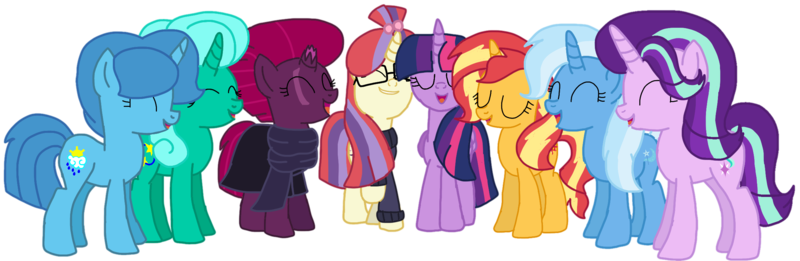 Size: 2340x762 | Tagged: safe, artist:徐詩珮, derpibooru import, fizzlepop berrytwist, glitter drops, moondancer, spring rain, starlight glimmer, sunset shimmer, tempest shadow, trixie, twilight sparkle, twilight sparkle (alicorn), alicorn, pony, unicorn, series:sprglitemplight diary, series:springshadowdrops diary, alternate universe, base used, bisexual, broken horn, clothes, counterparts, cute, eyes closed, female, glimmerdancer, glitterbetes, glitterdancer, glitterglimmer, glitterlight, glittershadow, glittershimmer, glittertrix, happy, horn, lesbian, moonset, polyamory, scarf, shimmerglimmer, shipping, simple background, singing, sprglitemplight, sprglitemplightixstarsetdancer, springbetes, springdancer, springdrops, springlight, springlimmer, springshadow, springshadowdrops, springshimmer, springtrix, startrix, sunsetsparkle, suntrix, tempestbetes, tempestdancer, tempestglimmer, tempestlight, tempestrix, tempestshimmer, transparent background, trickdancer, twiabetes, twidancer, twilight's counterparts, twistarlight, twixie