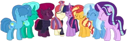 Size: 2340x762 | Tagged: safe, artist:徐詩珮, derpibooru import, fizzlepop berrytwist, glitter drops, moondancer, spring rain, starlight glimmer, sunset shimmer, tempest shadow, trixie, twilight sparkle, twilight sparkle (alicorn), alicorn, pony, unicorn, series:sprglitemplight diary, series:springshadowdrops diary, alternate universe, base used, bisexual, broken horn, clothes, counterparts, cute, eyes closed, female, glimmerdancer, glitterbetes, glitterdancer, glitterglimmer, glitterlight, glittershadow, glittershimmer, glittertrix, happy, horn, lesbian, moonset, polyamory, scarf, shimmerglimmer, shipping, simple background, singing, sprglitemplight, sprglitemplightixstarsetdancer, springbetes, springdancer, springdrops, springlight, springlimmer, springshadow, springshadowdrops, springshimmer, springtrix, startrix, sunsetsparkle, suntrix, tempestbetes, tempestdancer, tempestglimmer, tempestlight, tempestrix, tempestshimmer, transparent background, trickdancer, twiabetes, twidancer, twilight's counterparts, twistarlight, twixie
