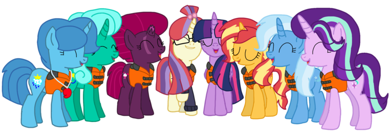 Size: 2340x796 | Tagged: safe, artist:徐詩珮, derpibooru import, fizzlepop berrytwist, glitter drops, moondancer, spring rain, starlight glimmer, sunset shimmer, tempest shadow, trixie, twilight sparkle, twilight sparkle (alicorn), alicorn, pony, unicorn, series:sprglitemplight diary, series:sprglitemplight life jacket days, series:springshadowdrops diary, series:springshadowdrops life jacket days, alternate universe, base used, bisexual, broken horn, clothes, counterparts, cute, eyes closed, female, glimmerdancer, glitterbetes, glitterdancer, glitterglimmer, glitterlight, glittershadow, glittershimmer, glittertrix, happy, horn, lesbian, lifeguard, lifeguard spring rain, lifejacket, moonset, polyamory, shimmerglimmer, shipping, simple background, singing, sprglitemplight, sprglitemplightixstarsetdancer, springbetes, springdancer, springdrops, springlight, springlimmer, springshadow, springshadowdrops, springshimmer, springtrix, startrix, sunsetsparkle, suntrix, tempestbetes, tempestdancer, tempestglimmer, tempestlight, tempestrix, tempestshimmer, transparent background, trickdancer, twiabetes, twidancer, twilight's counterparts, twistarlight, twixie