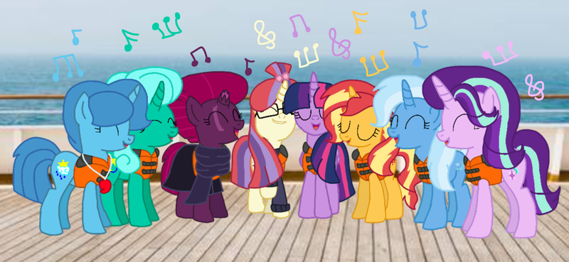 Size: 2340x1080 | Tagged: safe, artist:徐詩珮, derpibooru import, fizzlepop berrytwist, glitter drops, moondancer, spring rain, starlight glimmer, sunset shimmer, tempest shadow, trixie, twilight sparkle, twilight sparkle (alicorn), alicorn, pony, unicorn, series:sprglitemplight diary, series:sprglitemplight life jacket days, series:springshadowdrops diary, series:springshadowdrops life jacket days, alternate universe, base used, bisexual, broken horn, clothes, counterparts, cute, eyes closed, female, glimmerdancer, glitterbetes, glitterdancer, glitterglimmer, glitterlight, glittershadow, glittershimmer, glittertrix, happy, horn, lesbian, lifeguard, lifeguard spring rain, lifejacket, moonset, polyamory, scarf, shimmerglimmer, ship, shipping, simple background, singing, sprglitemplight, sprglitemplightixstarsetdancer, springbetes, springdancer, springdrops, springlight, springlimmer, springshadow, springshadowdrops, springshimmer, springtrix, startrix, sunsetsparkle, suntrix, tempestbetes, tempestdancer, tempestglimmer, tempestlight, tempestrix, tempestshimmer, trickdancer, twiabetes, twidancer, twilight's counterparts, twistarlight, twixie