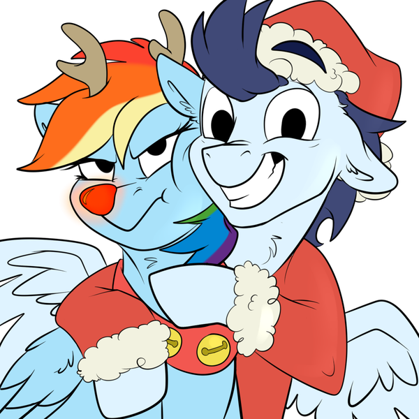 Size: 1000x1000 | Tagged: safe, artist:rutkotka, derpibooru import, rainbow dash, soarin', pony, christmas, cute, dashabetes, female, hearth's warming, holiday, male, shipping, soarinbetes, soarindash, straight