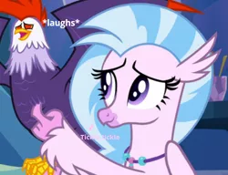 Size: 500x384 | Tagged: added captions, artist:gooeybird, cockatrice, cropped, derpibooru import, duo, edit, edited screencap, edith (cockatrice), female, hippogriff, laughing, safe, screencap, silverstream, student counsel, tickling, wings