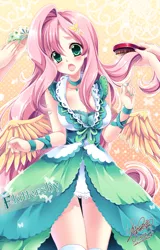 Size: 476x742 | Tagged: safe, artist:sakuranoruu, derpibooru import, fluttershy, bat pony, human, green isn't your color, anime, blushing, breasts, brush, brushing, busty fluttershy, butterfly hairpin, clothes, cute, dress, female, flutterbat, hair accessory, hairbrush, hairpin, humanized, jewelry, lipstick, makeup, necklace, offscreen character, offscreen human, open mouth, race swap, shyabetes, solo, tiara, winged humanization, wings, worried