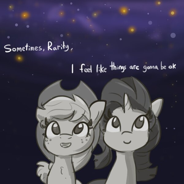 Size: 1080x1080 | Tagged: safe, artist:tjpones, derpibooru import, applejack, rarity, earth pony, pony, unicorn, applejack's hat, chest fluff, cowboy hat, dialogue, female, freckles, hat, mare, open mouth, positive ponies, smiling