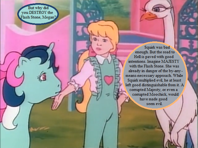 Size: 632x472 | Tagged: derpibooru import, dialogue, edit, edited screencap, g1, implied majesty, implied moochick, implied squirk, megan williams, my little pony 'n friends, pluma, safe, screencap, speech bubble, the ghost of paradise estate, tolkien