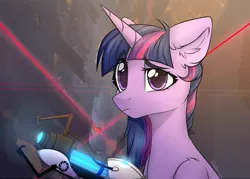 Size: 1280x916 | Tagged: safe, artist:reterica, derpibooru import, twilight sparkle, pony, unicorn, ear fluff, female, horn, portal (valve), portal gun, signature, solo, unicorn twilight