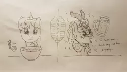 Size: 4032x2268 | Tagged: safe, artist:parclytaxel, derpibooru import, autumn blaze, oc, oc:parcly taxel, alicorn, kirin, pony, ain't never had friends like us, albumin flask, parcly taxel in japan, :i, ahegao, alcohol, alicorn oc, beer, beppu, drunk, drunk bubbles, drunk kirin, female, food, horn, japan, japanese, kirin beer, kirin ichiban, lantern, levitation, lineart, magic, mare, monochrome, open mouth, pencil drawing, rice, story included, telekinesis, thousand yard stare, tongue out, traditional art, wings