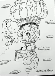 Size: 2717x3735 | Tagged: safe, artist:debmervin, derpibooru import, pinkie pie, pony, balloon, crossover, floating, monochrome, peanuts (comic), solo, suitcase, then watch her balloons lift her up to the sky, traditional art, woodstock (peanuts)